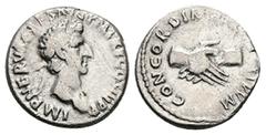 Roman Imperial Nerva, 96-98 AD. AR, Denarius. 3.21 g. 17.10 mm. Rome. Obv: IMP NERVA CAES AVG P M TR P II COS III P P. Head of Nerva, laureate, right. Rev: CONCORDIA EXERCITVVM. Clasped hands. Ref: RI