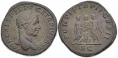 Roman Imperial Geta, AD 209-211. AE, Sestertius. 21.89 g. 31.87 mm. Rome. Obv: IMP CAES P SEPT GETA PIVS AVG. Head of Geta, laureate, right. Rev: PONTIF TR P II COS II, S C. Caracalla and Geta, veiled