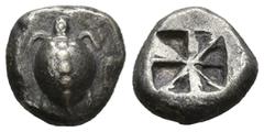 Greek Islands Off Attica, Aegina. Circa 480-457 BC. AR Stater, 12.14 g 20.49 mm. Obv: Sea turtle with a T-shaped design of a line of five very large pellets down the back of its shell and with two equ