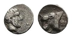 Greek Caria, Uncertain ('Mint E'). AR Hemiobol, 0.41 g 7.57 mm. Circa 380-340 BC. Obv: Head of young male right Rev: Forepart of bull left, Carian letter y on shoulder. Ref: Konuk, Coin M47 var. (bear