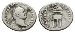 Roman Imperial Titus, AD 79-81. AR, Denarius. 3.19 g. 18.87 mm. Rome. Obv: IMP TITVS CAES VESPASIAN AVG P M. Head of Titus, laureate, right. Rev: TR P IX IMP XV COS VIII P P. Tripod with fillets; dolp