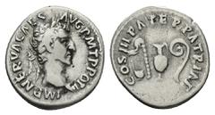 Roman Imperial Nerva, AD 96-98. AR, Denarius. 3.20 g. 18.86 mm. Rome. Obv: IMP NERVA CAES AVG P M TR POT. Head of Nerva, laureate, right. Rev: COS III PATER PATRIAE. Simpulum, sprinkler, ewer and litu