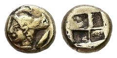 Greek Mysia, Kyzikos. EL Fourrèe Hemihekte. 0.83 g. 7.96 mm. Circa 550-500 BC. Obv: Head of youthful Perseus to left, wearing winged helmet; tunny fish downwards behind Rev: Quadripartite incuse squar