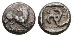 Greek Dynasts of Lycia, Kuprilli AR Tetrobol, 2.68 g 12.19 mm. Circa 480-440 BC. Obv: Lion standing right, head left, raising forepaw Rev: Triskeles; KO-Π[P-ΛΛE] around; all in pelleted square within 