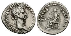 Roman Imperial Nerva, AD 96-98. AR, Denarius. 3.30 g. 19.13 mm. Rome. Obv: IMP NERVA CAES AVG PM TR P COS II P P. Head of Nerva, laureate, right. Rev: SALVS PVBLICA. Salus, draped, seated left on thro