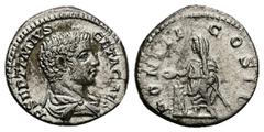 Roman Imperial Geta as Caesar, 198-209 AD. AR, Denarius. 2.77 g. 18.71 mm. Rome. Obv: P SEPTIMIVS GETA CAES. Bust of Geta, bare-headed, bearded, draped, right. Rev: PONTIF COS II. Geta, veiled, togate