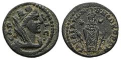 Roman Provincial Lydia, Sardis. Pseudo-autonomous, AD 218-222. AE. 4.23 g. 18.28 mm. Obv: CAΡΔIC. Veiled and turreted bust of Tyche right. Rev: CAΡΔIANΩN B NEΩKOΡΩN. Cult image of Kore facing, closely