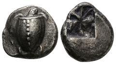 Greek Islands off Attica, Aegina AR Stater.12.46g 21.02mm. Circa 470-440 BC. Obv: Sea turtle, head in profile, with 'T' design in pellets on shell Rev: Large square incuse with skew pattern. Ref: HGC 