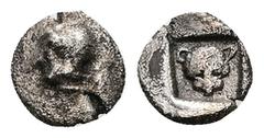 Greek Lesbos, Methymna. AR Hemiobol, 0.42 g 7.83 mm. Circa 450/40-406/379 BC. Obv: Helmeted head of Athena left Rev: Facing head of lion or panther square within incuse square Ref: HGC 6, 898 var.(tri