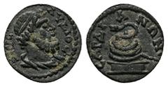 Roman Provincial Lydia, Sardis. Pseudo-autonomous, circa AD 198-217. AE. 2.00 g. 14.45 mm. Obv: ZEYC ΛYΔIOC. Laureate and draped bust of Zeus Lydios right. Rev: CAΡΔIANΩN. Serpent coiled around omphal