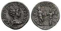 Roman Imperial Geta as Caesar, AD 198-209. AR, Denarius. 2.52 g. 18.71 mm. Rome. Obv: P SEPT GETA CAES PONT. Bust of Geta, bare-headed, draped, right. Rev: PRINC IVVENTVTIS. Geta, in military attire, 