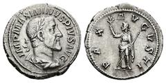Roman Imperial Maximinus Thrax, 235-238 AD. AR, Denarius. 3.09 g. 19.97 mm. Rome. Obv: IMP MAXIMINVS PIVS AVG. Bust of Maximinus I, laureate, draped, cuirassed, right. Rev: PAX AVGVSTI. Pax, draped, s