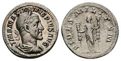 Roman Imperial Maximinus Thrax, AD 235-238. AR, Denarius. 3.35 g. 19.18 mm. Rome. Obv: IMP MAXIMINVS PIVS AVG. Bust of Maximinus I, laureate, draped, cuirassed, right. Rev: FIDES MILITVM. Fides, drape