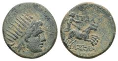 Greek Lydia, Tralleis. Ae, 5.18 g 18.64 mm. 2nd-1st century BC. Obv: Radiate head of Helios to right. Rev: ΤΡΑΛ, Selene, with crescent behind her neck, driving fast biga to right, holding reins with b