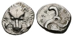 Greek Dynasts of Lycia, Perikles. AR Tetrobol, 2.97 g 16.38 mm. 380-360 BC. Obv: Facing lion scalp, Rev: Π↑Ρ - ΕΚ - Λ↑, around triskeles; all within incuse circle. Ref: SNG von Aulock 4255. Fine