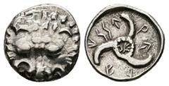 Greek Dynasts of Lycia, Perikles. AR Tetrobol, 2.98 g 15.74 mm. 380-360 BC. Obv: Facing lion scalp, Rev: Π↑Ρ - ΕΚ - Λ↑, around triskeles; all within incuse circle. Ref: SNG von Aulock 4255. Fine