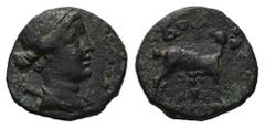 Greek Lycia, Bubon. AE, 2.06 g. - 14.83 mm. 2nd-1st century BC. Obv.: Diademed and draped bust of Artemis to right, with bow and quiver over her shoulder. Rev.: BOY, Stag standing right, head left; be
