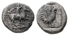 Greek Troas, Dardanos. AR Triobol, 3.04 g. - 14.74 mm. ca. 400-350 BC. Obv.: Horseman, wearing chiton, chlamys and petasos, on horse galloping right, with right hand raised. Rev.: Cockerel standing to