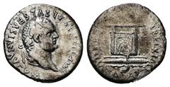 Roman Imperial Titus, AD 79-81. AR, Denarius. 2.65 g. 18.36 mm. Rome. Obv: IMP TITVS CAES VESPASIAN AVG P M. Head of Titus, laureate, right. Rev: Square seat draped, winged thunderbolt above. Ref: RIC