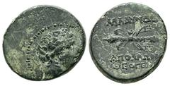 Greek Lydia, Blaundos. Autonomous issue, 200-0 BC. AE. 4.52 g. - 19.18 mm. Apolloni[...] Theogen[...], magistrat. Obv.: Head of Dionysos right wearing ivy wreath, curl diagonal on neck. Rev.: MΛAYNΔE[