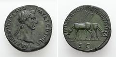 Roman Imperial Nerva, AD 96-98. AE, Sestertius. 26.91 g. 34.26 mm. Rome. Obv: IMP NERVA CAES AVG P M TR P COS III P P. Head of Nerva, laureate, right Rev: VEHICVLATIONE ITALIAE REMISSA, S C. Two mules