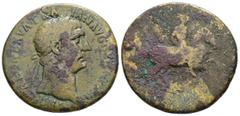 Roman Imperial Trajan, AD 98-117. AE, Sestertius. 22.82 g. 34.20 mm. Rome. Obv: IMP CAES NERVA TRAIAN AVG G[ERM P M]. Head of Trajan, laureate, right. Rev: Legend illegible. Trajan (?) prancing right 