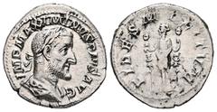 Roman Imperial Maximinus Thrax, AD 235-238. AR, Denarius. 3.08 g. 19.68 mm. Rome. Obv: IMP MAXIMINVS PIVS AVG. Bust of Maximinus I, laureate, draped, cuirassed, right. Rev: FIDES MILITVM. Fides, drape