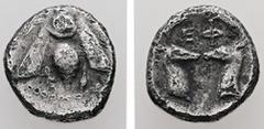 Greek Ionia, Ephesos. AR, Diobol. 0.84 g. - 10.67 mm. Circa 390-325 BC. Obv.: E - Φ. Bee. Rev.: EΦ. Confronted heads of stags. Ref.: SNG Kayhan I 208ff (Diobol); SNG von Aulock 1835 (Diobol). Fine / V