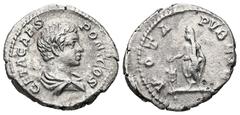 Roman Imperial Geta as Caesar, AD 198-209. AR, Denarius. 3.30 g. 20.05 mm. Obv: GETA CAES PONT COS. Bust of Geta, bare-headed, draped, right. Rev: VOTA PVBLICA. Geta, veiled, togate, standing left, sa