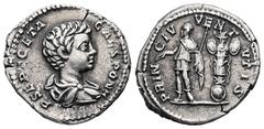 Roman Imperial Geta as Caesar, AD 198-209. AR, Denarius. 3.06 g. 19.37 mm. Rome. Obv: P SEPT GETA CAES PONT. Bust of Geta, bare-headed, draped, right. Rev: PRINC IVVENTVTIS. Geta, in military attire, 