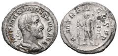 Roman Imperial Maximinus Thrax, 235-238 AD. AR, Denarius. 2.46 g. 19.02 mm. Rome. Obv: IMP MAXIMINVS PIVS AVG. Bust of Maximinus I, laureate, draped, cuirassed, right. Rev: P M TR P II COS P P. Maximi