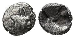 Greek Asia Minor, Uncertain. AR Hemiobol, 0.48 g 8.22 mm. Late 6th-early 5th centuries BC. Obv: Head of bull or calf right Rev: Incuse square with irregular lines. Ref: Cf. SNG Kayhan 1575 (hemiobol; 