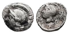 Greek Lycia, Uncertain (Xanthos?). AR Hemiobol, 0.34 g 8.43 mm. Circa 4th century BC. Obv: Helmeted head of Athena left. Rev: Helmeted head of Athena left. Ref: Müseler -; SNG von Aulock -; Falghera -
