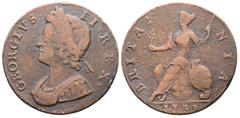 Medieval, World & Islamic George II, AD 1727-1760. AE, ½ Penny. 8.83 g. 27.60 mm. Obv: GEORGIVS II REX. Young laureate and cuirassed portrait of King George II facing left. Rev: BRITAN-NIA. Seated fig