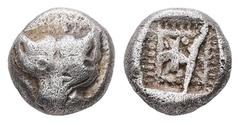 Greek Ionia, Miletos. 1/16 Stater, 0.78 g 7.65 mm. Late 6th-early 5th centuries BC. Obv: Facing lion mask. Rev: Stellate design within double square lattice frame. Ref:Cf. SNG Kayhan 455-60 (1/8 state
