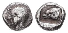 Greek Troas, Kebren. AR, Obol. 0.62 g. - 7.26 mm. Circa 480-450 BC. Obv.: Archaic female head left. Rev.: Head of ram left within incuse square. Ref.: SNG Ashmolean 1086 (diobol); SNG von Aulock 1546 