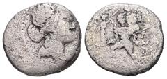 Roman Republic Julius Caesar, 48-47 BC. AR, Denarius. 3.06 g. 16.49 mm. African mint. Obv: Head of Venus, right, wearing diadem. Border of dots. Ref: CAESAR Aeneas, left, carrying palladium in right h