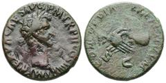 Roman Imperial Nerva, AD 96-98. AE, As. 11.08 g. 26.71 mm. Rome. Obv: IMP NERVA CAES AVG P M TR P II COS III P P. Head of Nerva, laureate, right. Rev: CONCORDIA EXERCITVVM, S C. Clasped hands. Ref: RI