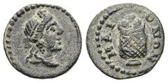 Roman Provincial Lydia, Maeonia. Pseudo-autonomous. AE. 1.55 g. 14.22 mm. Obv: Head of Dionysos (?) right. Rev: MAIONΩN. Basket of fruit. Ref: GRPC Lydia 1, otherwise unpublished. Very Fine.