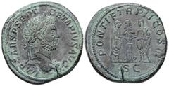 Roman Imperial Geta, AD 209-211. AE, Sestertius. 27.72 g. 33.47 mm. Rome. Obv: IMP CAES P SEPT GETA PIVS AVG. Head of Geta, laureate, right. Rev: PONTIF TR P II COS II, S C. Caracalla and Geta, veiled