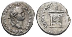 Roman Imperial Titus, AD 79-81. AR, Denarius. 2.54 g. 18.42 mm. Rome. Obv: IMP TITVS CAES VESPASIAN AVG P M. Head of Titus, laureate, right. Rev: TR P IX IMP XV [COS VIII P P]. Square seat draped, win