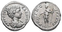 Roman Imperial Geta as Caesar, AD 198-209. AR, Denarius. 3.36 g. 18.25 mm. Rome. Obv: P SEPT GETA CAES PONT. Bust of Geta, bare-headed, draped, cuirassed, right. Rev: PRINC IVVENT. Geta, in military a