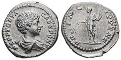 Roman Imperial Geta as Caesar, AD 198-209. AR, Denarius. 2.96 g. 19.76 mm. Rome. Obv: P SEPT GETA CAES PONT. Bust of Geta, bare-headed, draped, cuirassed, right. Rev: PRINC IVVENT. Geta, in military a