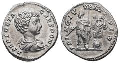 Roman Imperial Geta as Caesar, AD 198-209. AR, Denarius. 3.07 g. 18.01 mm. Rome. Obv: P SEPT GETA CAES PONT. Bust of Geta, bare-headed, draped, right. Rev: PRINC IVVENTVTIS. Geta, in military attire, 