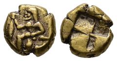 Greek Mysia, Kyzikos. EL 1/24 Stater. 1.36 g. - 8.88 mm. Circa 500-450 BC. Obv.: Satyr in kneeling-running stance to left, holding in his extended right hand a tunny fish by the tail. Rev.: Quadripart
