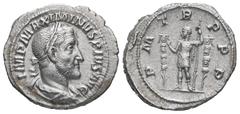 Roman Imperial Maximinus I, AD 235-238. AR, Denarius. 3.13 g. 21.10 mm. Rome. Obv: IMP MAXIMINVS PIVS AVG. Bust of Maximinus I, laureate, draped, cuirassed, right. Rev: P M TR P P P. Maximinus Thrax, 