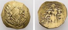 Byzantine Byzantine Andronicus II Palaeologus and Michael IX, AD 1282-1328. AE, Hyperpyron. 3.95 g. 23.91 mm. Constantinople. Obv: Half-length figure of the Virgin Mary orans within city wall of four 