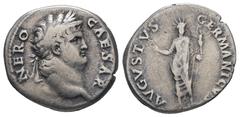 Roman Imperial Nero, AD. 54-68. AR Denarius. 2.94 g. - 18.96 mm. Rome. Obv.: NERO CAESAR. Head of Nero, laureate, right, with beard. Rev.: AVGVSTVS GERMANICVS. The Colossus of Nero: facing statue of N