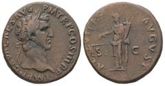 Roman Imperial Nerva, AD. 96-98. AE As. 11.49 g. - 26.49 mm. Rome, struck 97 AD. Obv.: IMP NERVA CAES AVG - P M TR P COS III P P. Head of Nerva, laureate, right. Rev.: AEQVITAS - AVGVST. Aequitas stan
