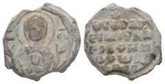 Seal & Weight & Token PB Byzantine anonymous seal ( AD. 11th century ). Obv.: Bust of the Mother of God orans. Sigla on either side: Μ(ήτη)ρ Θ(εο)ῦ. Rev.: Inscription of five lines, a cross of dots ab